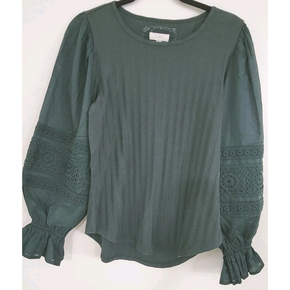 Cupio Bohemian Style Green LongSleeve Ribbed Fall Blouse Size Small